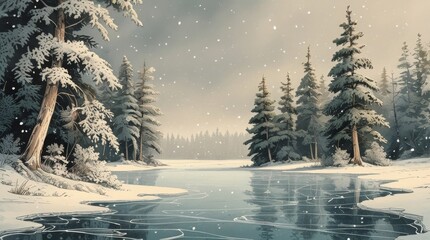  Snowy trees with dense evergreen foliage and frosty branches surround a frozen lake with intricate ice patterns and subtle snow-covered ridges, as delicate flakes fall gently from a soft gray sky,