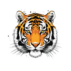 Naklejka premium Sketch of tiger face with black splash and splatters. Stylized illustration of a tiger s face on a white background. The tiger s fur showcases vibrant orange and black stripes.