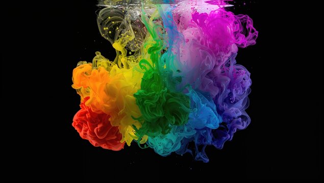 Colorful paint droplets dispersing in water, creating a vibrant ink swirl effect