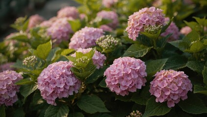 Vibrant pink hydrangea blossoms surrounded by lush green foliage create a stunning floral display.