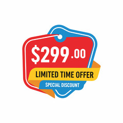 Sale Red Price 299,00 Dollars Only Offer Badge Sticker Design in Flat Style. Vector illustration