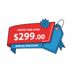 Sale Red Price 299,00 Dollars Only Offer Badge Sticker Design in Flat Style. Vector illustration