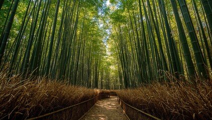 Fototapeta premium Take a scenic stroll through the lush green Bamboo Forest, emphasizing tranquility and nature