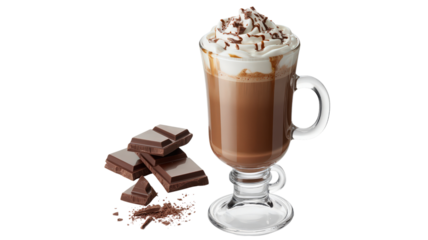 Hot Chocolate with Whipped Cream Delicious Dark Chocolate Pieces and Shavings Beverage in Clear Glass Irish Coffee Mug Tempting Sweet Drink Perfect for Winter Season