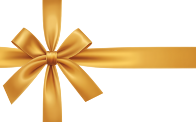 Golden gift ribbon with a bow tied in the center, horizontal layout. Isolated on transparent background, png
