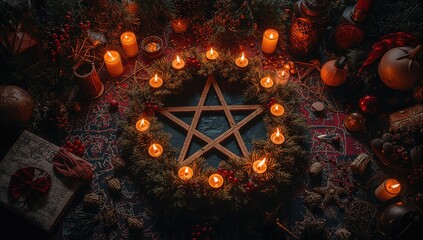 Fototapeta na wymiar Pentagram with tealights, suitable for seasonal rituals, Yule