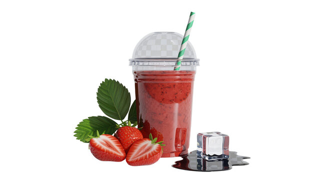Invigorating Strawberry Smoothie Cup Isolated on Transparent Backdrop Berry Ice Refreshment with Striped Straws and Fresh Strawberries for a Healthy Drink Presentation