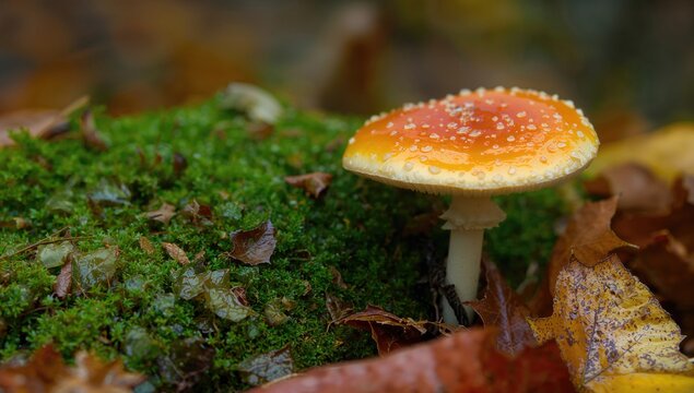 Mushroom Clitocybe inversa nestled among autumn leaves and vibrant moss, showcasing seasonal change