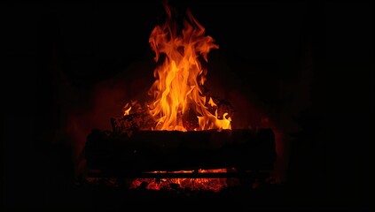 Vibrant orange flames and deep red embers in a fireplace, showcasing warmth and comfort