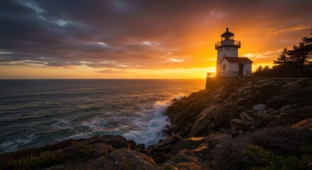 Fototapeta premium Historic seaside lighthouse illuminated by the warm, dramatic colors of the setting sun over the coastal shoreline and crashing waves ,Lighthouse ,tower ,maritime