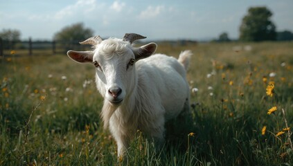 Obraz premium Image of a distressed shaggy white goat wandering through a farmer's field, reflecting on the challenges of livestock husbandry