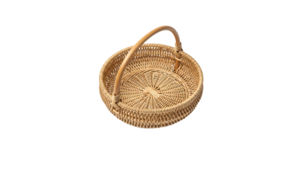 Round woven wicker basket with a single curved handle isolated on a transparent background