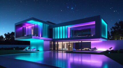  Ultra modern house shines at night with vivid digital lights of turquoise, purple, and silver hues highlighting futuristic smart living and bold architectural style, featuring large windows,