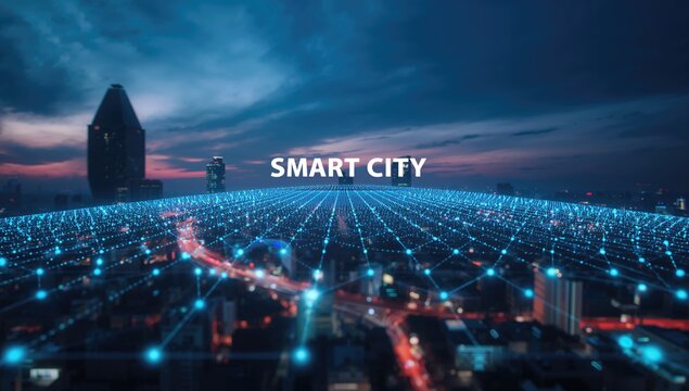 Smart city connectivity illustrated with a gradient line, emphasizing urban digital integration