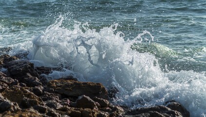 Close-up of powerful waves crashing against rocky shore, showcasing erosion risk