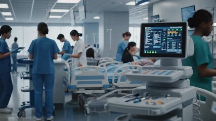 Attentive asian doctor examines patient records moving through busy hospital corridor with medical personnel and equipment carts - Powered by Adobe