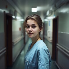 portrait of a young woman nurse in hospital corridor