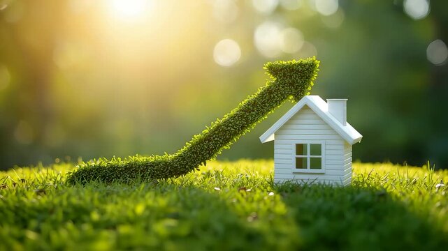 Small White Model House with Green Grass Arrow Pointing Upward in Sunny Meadow Field