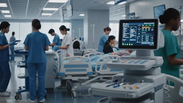 Attentive asian doctor examines patient records moving through busy hospital corridor with medical personnel and equipment carts