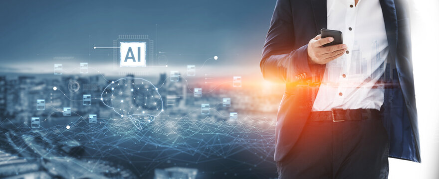 AI neural network and data processing system visualizing artificial intelligence with brain structure, chip, and connected data blocks for computation and learning Vouch