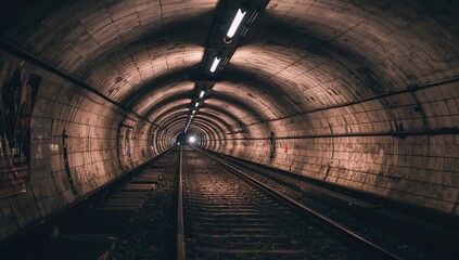 Obraz premium Underground tunnel featuring illuminated railroad tracks, showcasing urban density