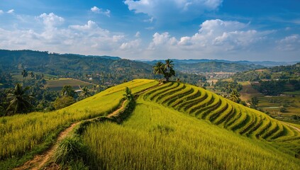Fototapeta premium Terraced rice paddies on a hillside, showcasing agricultural practices, Earth Day