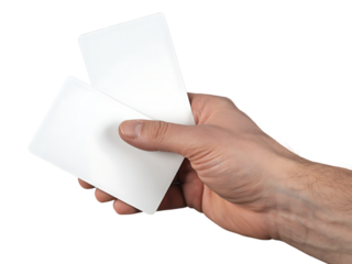 Man's hand holding two blank white paper tickets or coupons for mockup. Isolated on transparent background, png