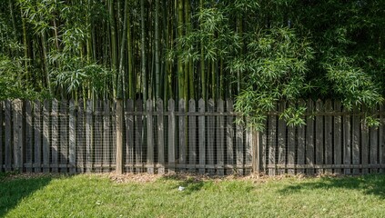 Fototapeta premium A rustic wooden fence with wire mesh separates a vibrant green yard from a dense bamboo thicket, showcasing seasonal growth