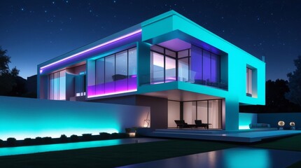  Ultra modern house shines at night with vivid digital lights of turquoise, purple, and silver hues highlighting futuristic smart living and bold architectural style, featuring large windows,