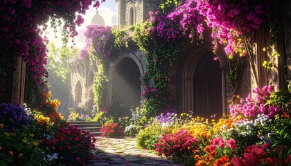 Enchanting sunlit stone archway overgrown with vibrant blooming flowers and lush green ivy in a secluded garden courtyard during the day