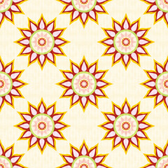 A seamless radial floral fabric pattern in red, yellow, and pink tones on a cream background, creating a warm vintage look with balanced geometric symmetry.