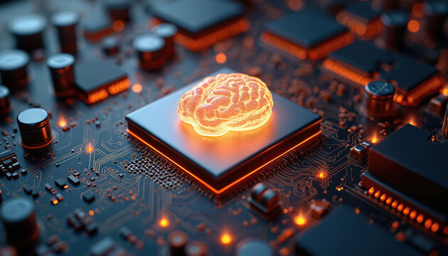 Digital brain glows orange on microchip of complex circuit board. Neural network concept shown on motherboard with electronic components. AI machine learning tech represented by processing unit.