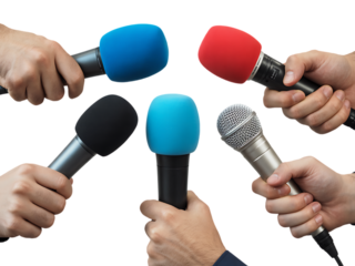 Many hands holding colorful microphones for a press conference or interview. Isolated on transparent background, png