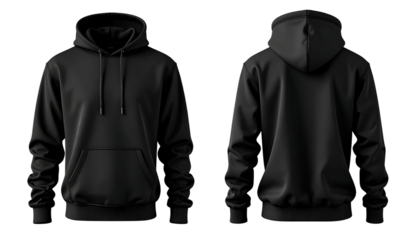 Front and back view of a blank black pullover hoodie for mockup. Isolated on transparent background, png