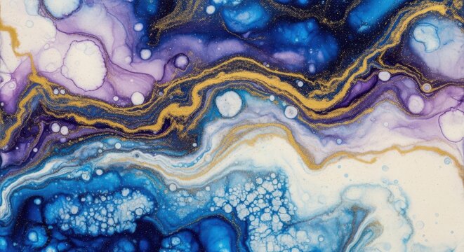 Abstract fluid art with swirling patterns of blue, purple, and gold glitter, creating a cosmic or galaxylike effect
