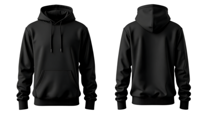 Front and back view of a blank black pullover hoodie for mockup. Isolated on transparent background, png