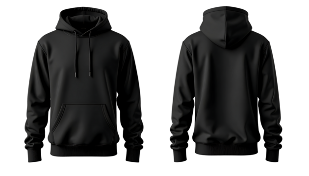 Front and back view of a blank black pullover hoodie for mockup. Isolated on transparent background, png