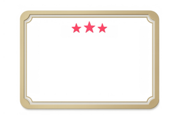 Golden frame featuring three red stars at the top, representing a rating or review system. Transparent background