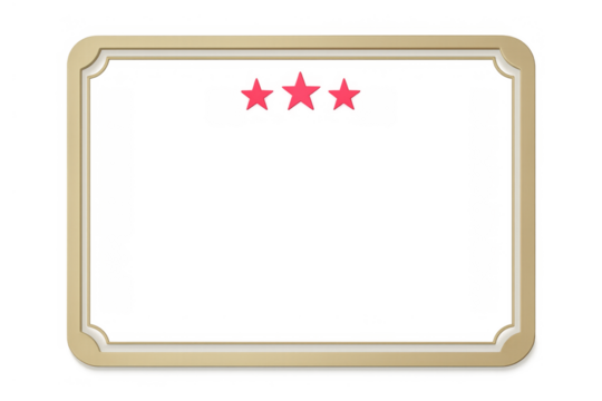Golden frame featuring three red stars at the top, representing a rating or review system. Transparent background