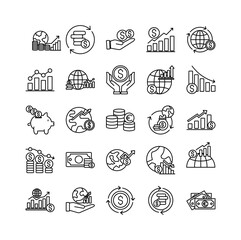 Business economy icon set collection. Containing statistics, increase, transfer, give, marketing, global, loan.Line vector icons collection