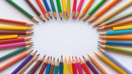 Colored pencils arranged to create a frame, ideal for artistic school projects