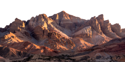 A panoramic desert mountain range at golden hour sunrise or sunset. Isolated on transparent background, png