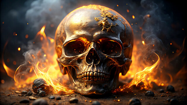 Dramatic skull engulfed in flames a dark and ominous illustration perfect for fantasy art or horror themes