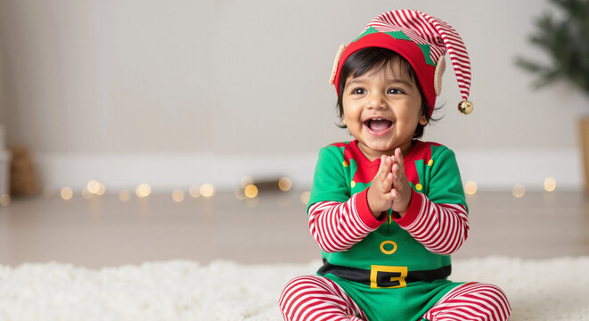 Happy baby dressed as Christmas elf sitting on floor with decorations  