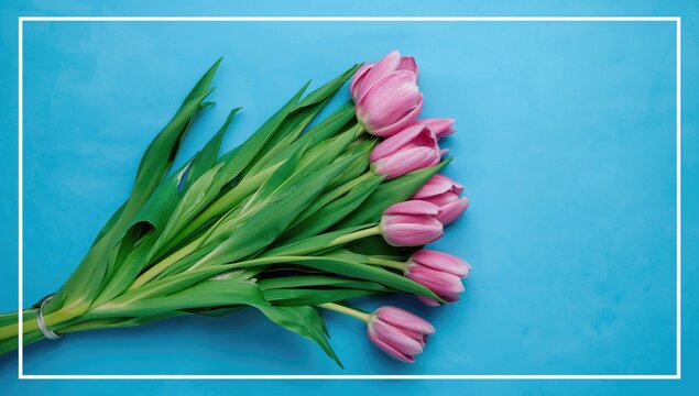 A vibrant arrangement of pink tulip flowers on a bright blue backdrop, ideal for editorial header background - Powered by Adobe