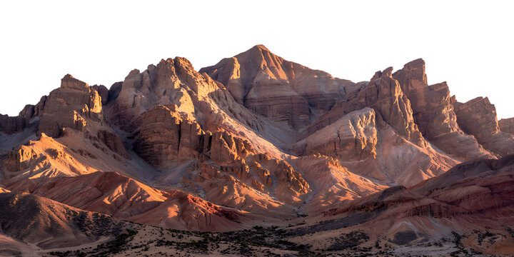A panoramic desert mountain range at golden hour sunrise or sunset. Isolated on transparent background, png