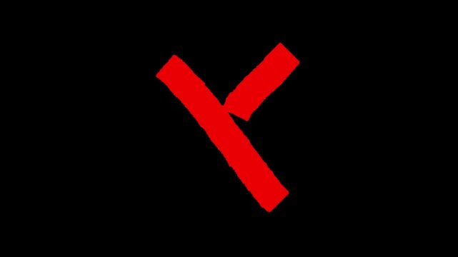 Red hand drawn cross X mark symbol animation, representing rejection or mistake isolated on transparent background.
