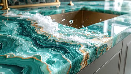 Exotic Green Malachite Countertop with Gold Veining and Water Splashing in a Modern Kitchen