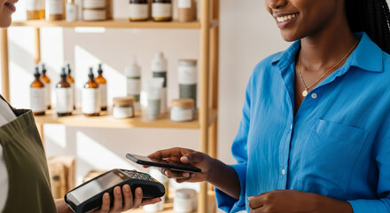Close-up of a woman paying with a smartphone at point of sale, representing modern transaction, ease, and convenience of mobile payment system