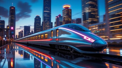Ultra-modern bullet train with sleek metallic surfaces and vibrant LED lights streaks across a bustling urban skyline at dusk with towering skyscrapers and neon lights reflecting off wet